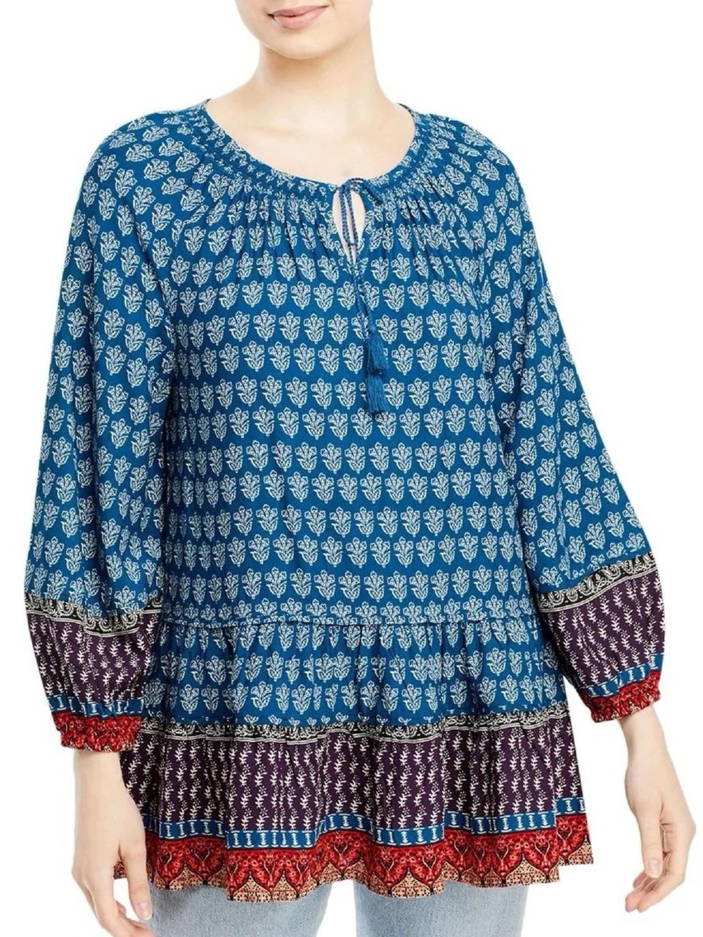 BeachLunchLounge Collection Boho Peasant Blouse XS Blue Floral Print Tassel Tie